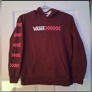 Maroon Vans Hoodie With Checkered Detail On One Arm W XS